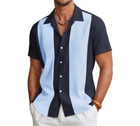 COOFANDY Men's Vintage Bowling Shirt Short Sleeve Button Down Summer Cuba Beach Shirts, Blue Light Blue, S