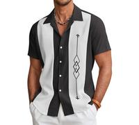 COOFANDY Men's Vintage Bowling Shirt Short Sleeve Button Down Summer Cuba Beach Shirts, Bowling Black White, XL