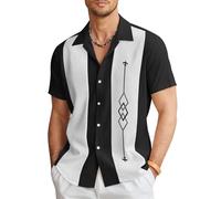 COOFANDY Men's Vintage Bowling Shirt Short Sleeve Button Down Summer Cuba Beach Shirts, Bowling Black White, 3XL