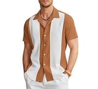 COOFANDY Men's Vintage Bowling Shirt Short Sleeve Button Down Summer Cuba Beach Shirts, Brown White, Large