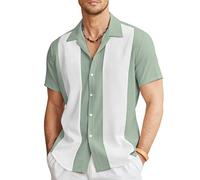COOFANDY Men's Vintage Bowling Shirt Short Sleeve Button Down Summer Cuba Beach Shirts, Green White, Large