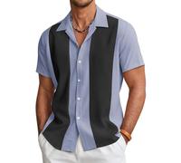 Coofandy Men's Vintage Bowling Shirt Short Sleeve Button Down Summer Cuba Beach Shirts, Light Blue Black, S