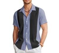 COOFANDY Men's Vintage Bowling Shirt Short Sleeve Button Down Summer Cuba Beach Shirts, Light Blue Black, Medium