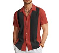 COOFANDY Men's Vintage Bowling Shirt Short Sleeve Button Down Summer Cuba Beach Shirts, Red Black, XL