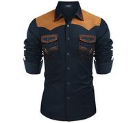 Coofandy Mens Western Cowboy Embroidered Long Sleeve Slim Fit Casual Cotton Button-Down Hippie Shirts with Pockets, Navy Blue, L