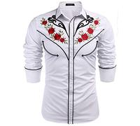 COOFANDY Men's Western Cowboy Shirt Embroidered Long Sleeve Cotton Casual Button Down Shirt, White (Retro Rose), XL