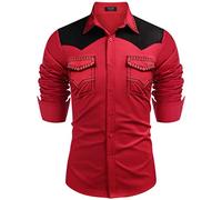 Coofandy Men's Western Cowboy Shirt Embroidered Long Sleeve Slim Fit Casual Button Down Hippie Shirts with Pockets, Red, S