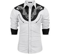 COOFANDY Men's Western Cowboy Shirt Long Sleeve Slim Fit Rose Embroidered Cotton Casual Button Down Shirts, White (Pattern2), XL
