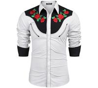 COOFANDY Men's Western Cowboy Shirt Long Sleeve Slim Fit Rose Embroidered Cotton Casual Button Down Shirts, White, S