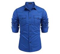 Coofandy Men's Western Cowboy Shirts Long Sleeve Cotton Casual Button Down Work Shirt with Pockets, French Blue, Medium