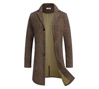 COOFANDY Mens Wool Blend Coat Winter Trench Coats Notched Lapel Collar Single Breasted Overcoat Classic Peacoat With Pockets, Brown Plaid, M