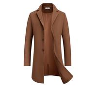 COOFANDY Mens Wool Blend Coat Winter Trench Coats Notched Lapel Collar Single Breasted Overcoat Classic Peacoat With Pockets, Brown, L