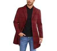 COOFANDY Mens Wool Blend Coat Winter Trench Coats Notched Lapel Collar Single Breasted Overcoat Classic Peacoat With Pockets, Red Plaid, L