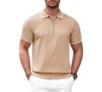 COOFANDY Men's Zipper Polo Shirt Casual Knit Short Sleeve Polo T Shirt Classic Fit Shirts, Light Tan, XL