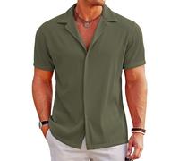 COOFANDY Shirts for Men Short Sleeve Summer Shirt Hawaiian Shirts Casual Beach Shirt Holiday Solid Color Green Olive S