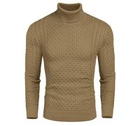 COOFANDY Turtleneck Sweater Men Roll Neck Jumper Knit Sweater Slim Fit Turtle Neck Tops Warm Winter Jumper Knitted Twisted Pullover Solid Sweaters Light Khaki S