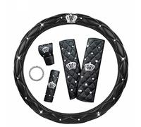 coofig Steering Wheel Covers with Bling Diamond,Sparkly Crown Car Accessories Set for Women include Leather Car Seat Belt Pads, Gear Shift Cover, Handbrake Cover, Start Button Ring Decorations