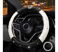 coofig Steering Wheel Covers with Bling Diamond,Universal Leather Anti-Slip Car Steering Wheel Cover Sparkly Crown Car Accessories for Women Ladies (Black White)