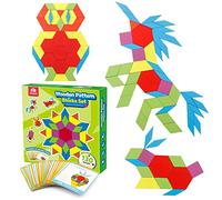 Coogam 130 Pcs Wooden Pattern Blocks Puzzle Geometric Manipulative Shape Set - Graphical Early Educational Tangram Toys Brain Teasers STEM Gift for Kids with 24 Pcs Design Cards