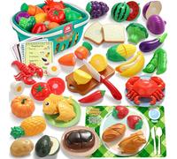 Coogam Pretend Play Food Set for Children, Fake Fruits Meats Vegetables Balanced Meal Mixing and Cutting Toy, Play Kitchen Accessories with Shopping List, Educational Toy for 3 4 5 Years Old Kids