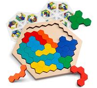 Coogam Wooden Hexagon Puzzle - Shape Block Tangram Brain Teaser Toy Geometry Logic IQ Game STEM Educational Gift for All Ages Challenge