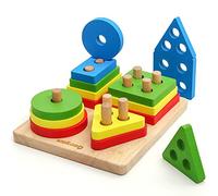 Coogam Wooden Sorting Age 3+ & Stacking Toys, Shape Color Recognition Geometric Blocks Matching Puzzle with Lacing String, Educational Preschool Learning Board Game Gift