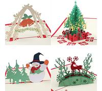 Coohom 3D Christmas Card with Envelope Set of 4 - Handmade Paper Craft Pop Up Greeting Card for New Year Gift - Feature Xmas Tree,Snowman,Reindeer and Bell