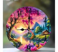 Cooiiye Modern 6 Inches Wall Clocks Silent Non-Ticking - Decorative Battery Operated wall clock with Large Bold Numerals - Easy to Read for Living Room, Kitchen, Office, School(Tree Scenery Cottage)