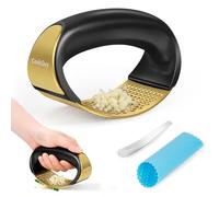 Cook Guy 304 Stainless Steel Garlic Press Rocker Set - Premium Garlic Mincer, Crusher, Peeler, and Scraper Tool for Effortless Mincing - Comfortable Grip Garlic Grinder (Gold)