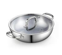 Cook N Home Stainless Steel Wok Pan with Lid, 12 inch Tri-Ply Clad Stainless Flat Bottom Wok Stir Fry Pan, Dishwasher and Oven-Safe, Compatible with All Cooktops