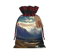 Cook National Park Mountain Landscape Christmas Gift Bag Burlap Xmas Drawstring Gift Sack with Tag & Tie, Buffalo Plaid Christmas Bags for Gifts, Reusable Gift Wrapping Bag Holiday Party Favors