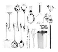 COOK WITH COLOR Kitchen Utensil Set - 28-piece premium Nonstick & Heat Resistant Kitchen Gadgets, Turner, Spaghetti Server, Serving Spoons, Whisk, Tongs, Masher & Utensil Holder, Stainless Steel