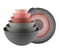 Cook with Color Mixing Bowls with Lids - 12 Piece Plastic Nesting Bowls Set Includes 6 Prep Bowls and 6 Lids, Non Slip Bottom and Embossed Design - Microwave Safe (Pink)