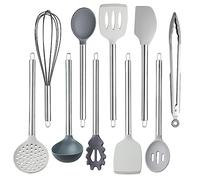 COOK WITH COLOR Silicone Cooking Utensils, 10 Pc Kitchen Utensil Set, Easy to Clean, Nonstick Cookware Safe, Kitchen Gadgets Set (Grey)