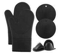 COOK WITH COLOR Silicone Oven Mitts- Heat Resistant Gloves with Soft Quilted Lining Oven Mitt Pot Holders for Cooking and BBQ, Black, Mitt Set