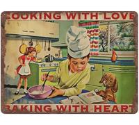Cook with Love Boy with His Dog Vintage Tin Cooking Lover Kitchen Decor Home Restaurant Cafe Bar Club Bar Birthday Anniversary Housewarming Gift Gift for Women Men Plaque Tin Signs 8x12 Inch