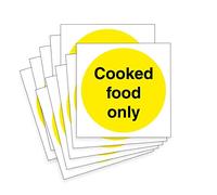 Cooked Food Only Signs, 100mm x 100mm labels, Self-Adhesive Vinyl Stickers, Pack of 10