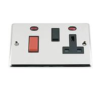 Cooker Control Unit 2 Neon Indicators - Polished Chrome Classic - Black Insert - 45A Switch with 13A Socket