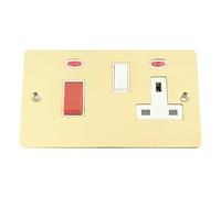 Cooker Control Unit 2 Neon Indicators - Polished Mirror Brass Flat - White Insert - 45A Switch with 13A Socket