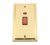 Cooker Switch w/Neon 45 Amp -Tall Plate - Polished Brass Victorian - Black Insert