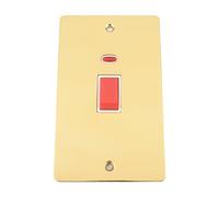 Cooker Switch w/Neon 45 Amp - Tall Plate - Polished Mirror Brass Flat - White Insert