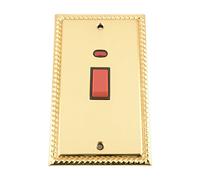 Cooker Switch w/Neon 45 Amp - Tall Plate - Polished Mirror Brass Georgian - Black Insert