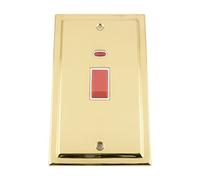 Cooker Switch w/Neon 45 Amp - Tall Plate - Victorian Polished Brass - White Insert