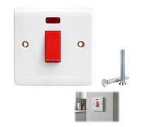 Cooker Switch with Socket, Single Gang Light Switch with LED Indicator, 45 Amp Double Pole Cooker Switch 1-Gang for Electric Ovens Hobs Water Heater and Cooker