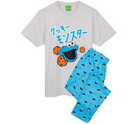 Cookie Monster Pyjamas For Men | Adults Sesame Street Japanese Grey Short Sleeve T-Shirt & Blue Loungewear Joggers Pjs | Muppets Merchandise XL