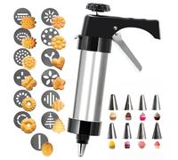 Cookie Press Gun Kit, Includes 13 Cookie Discs & 8 Icing Nozzles, for DIY Christmas Cookies, Baking & Decorating, Holiday Set,Comes with Cleaning Brush (Sliver)