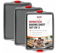 Cookie Sheets for Baking Nonstick Set of 3 - Heavy Gauge Carbon Steel Baking Trays with Silicone Handles, PFOA PTFE Free Rimmed Sheet Pan Oven Safe to 450F Dishwasher Safe Bakeware Boxiki Kitchen