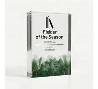 COOKIES AND KOALAS Personalised Cricket Trophy, A7 7.4x10.5cm Mini Custom Acrylic Block Award for Junior Cricket Awards, 2cm Thick Freestanding UV Printed Plaque for End of Season Gifts