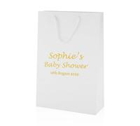 COOKIES AND KOALAS Personalised Foil Baby Shower Bag Gift - Medium Tall 25×36×10 cm - White - Custom Name & Message - Luxury Baby Shower Party Favour Bag with Gold or Silver Foil Print