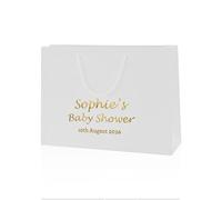 COOKIES AND KOALAS Personalised Foil Baby Shower Bag Gift - Medium Wide 35×24×10 cm - White - Custom Name & Message - Luxury Baby Shower Party Favour Bag with Gold or Silver Foil Print